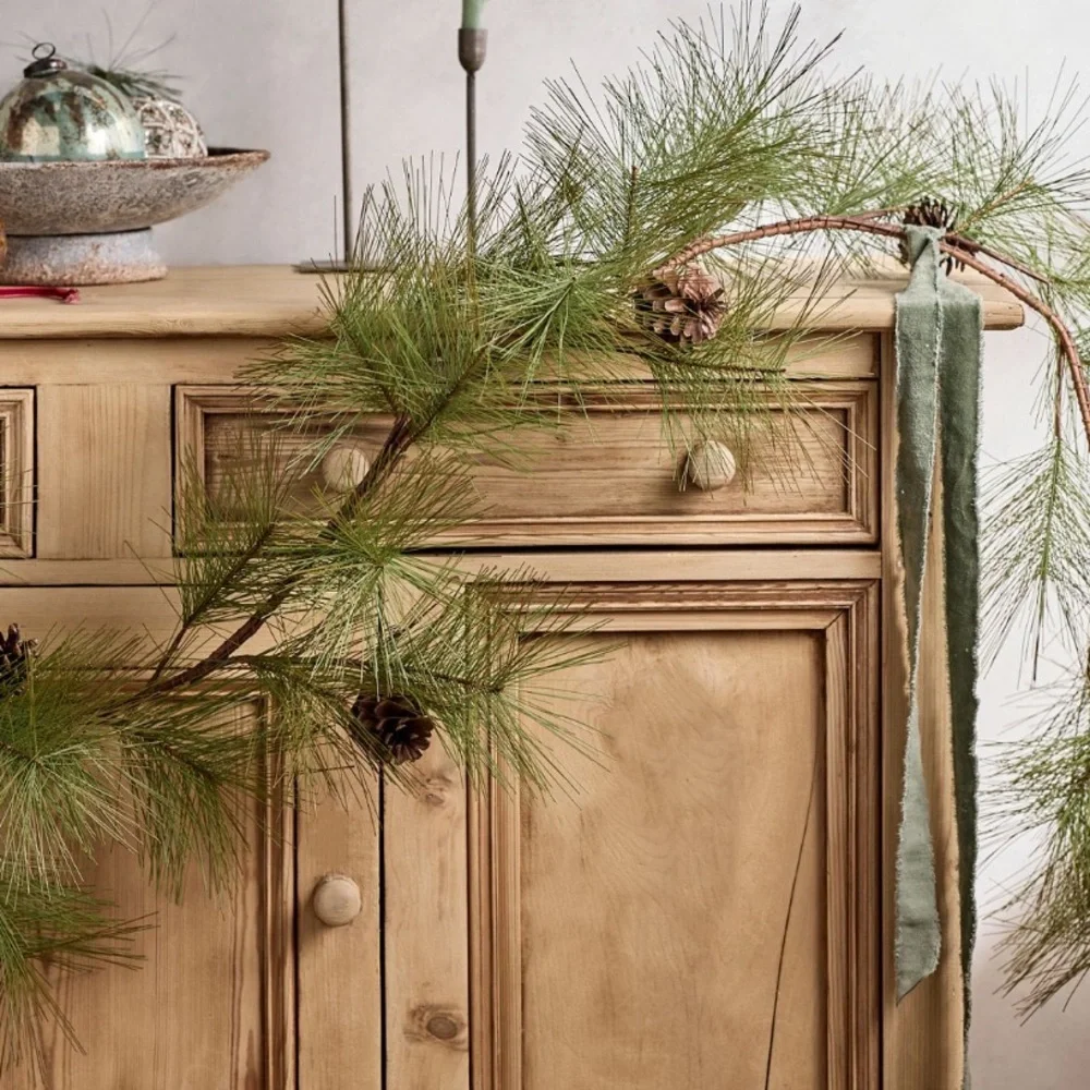 Anthropologie Pine Garland with Green Foliage and Brown Pinecones